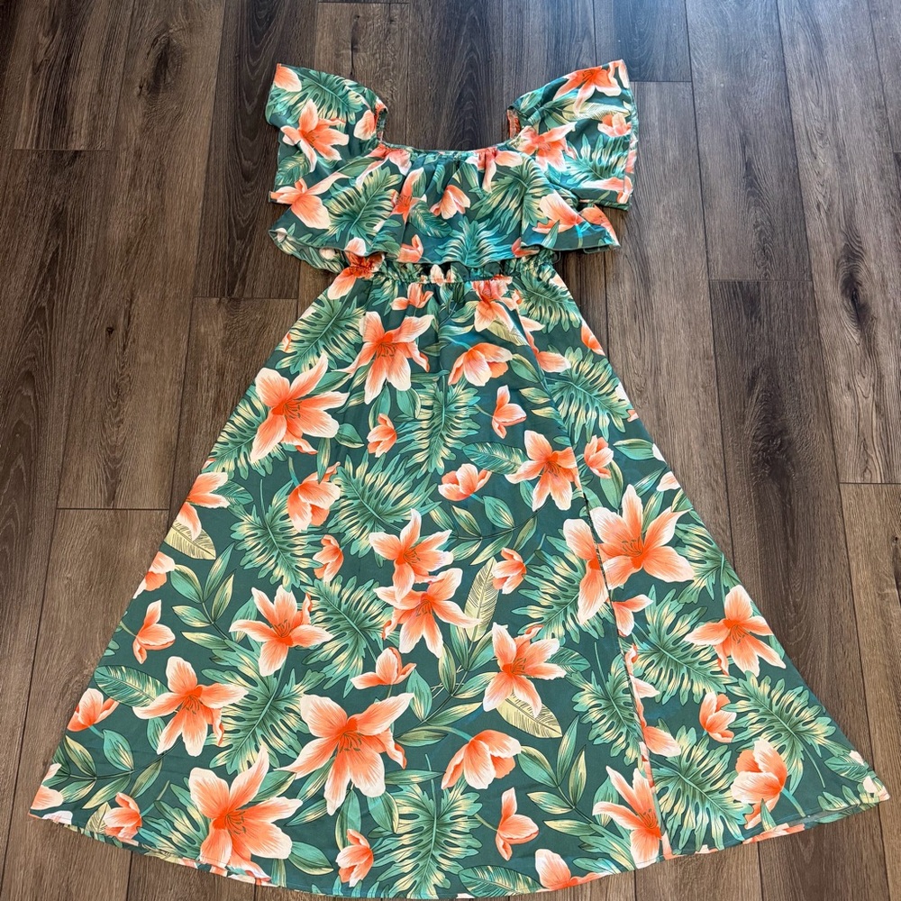 Cupshe Tropical Floral Maxi Dress Green Orange Ruffle Off Shoulder Large Boho - Picture 5 of 15